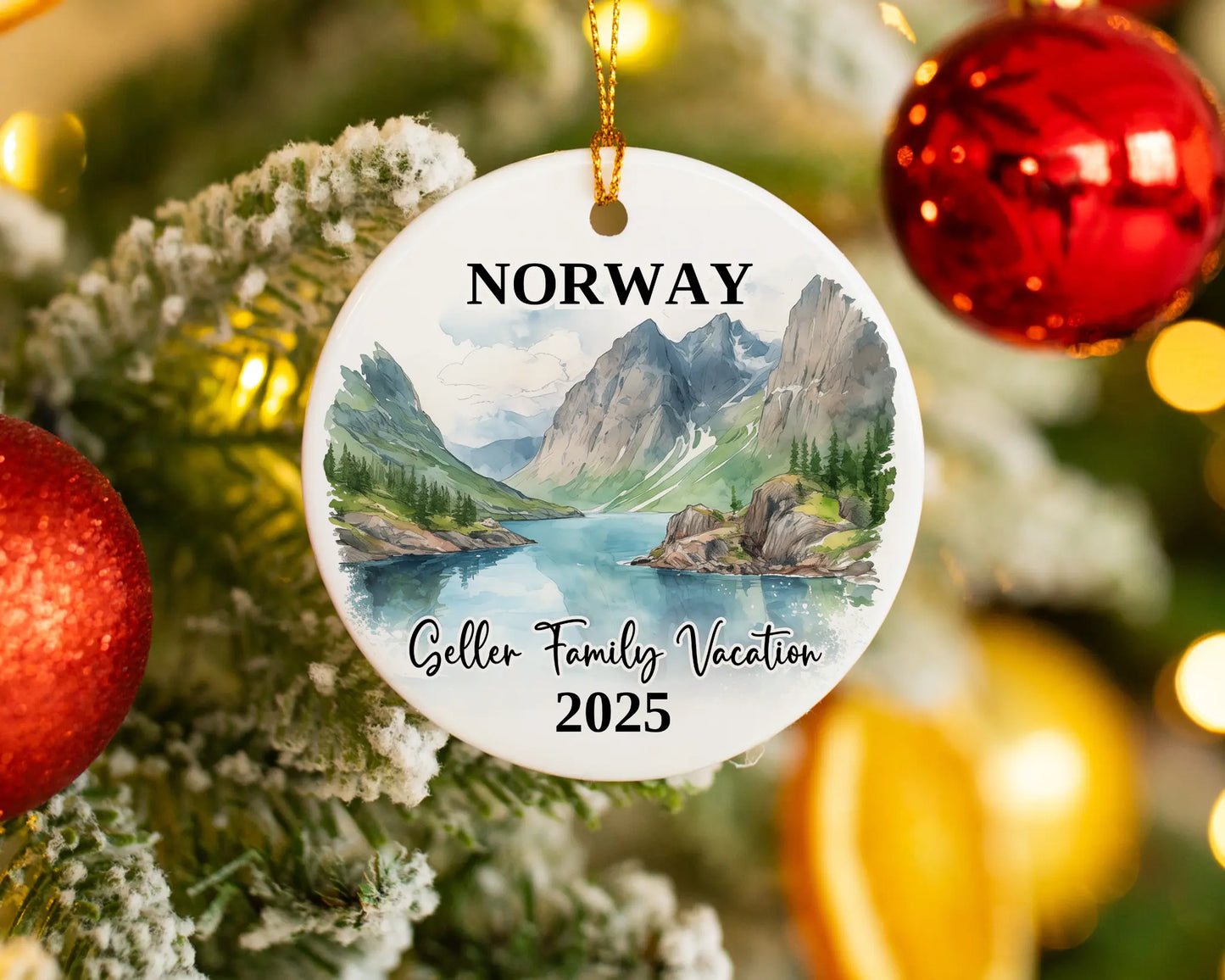 Custom vacation Norway ceramic photo ornament with personalized message – handmade Christmas bauble, gift souvenir, or vacation keepsake.