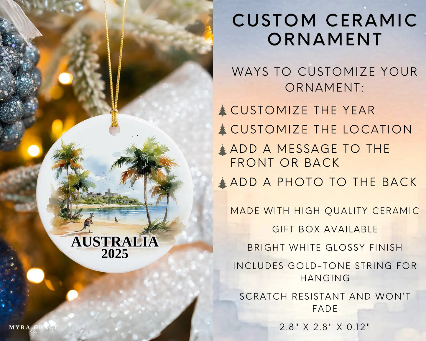 Custom Australia ceramic photo ornament with personalized message – handmade Christmas bauble, gift souvenir, or vacation keepsake. Infographic