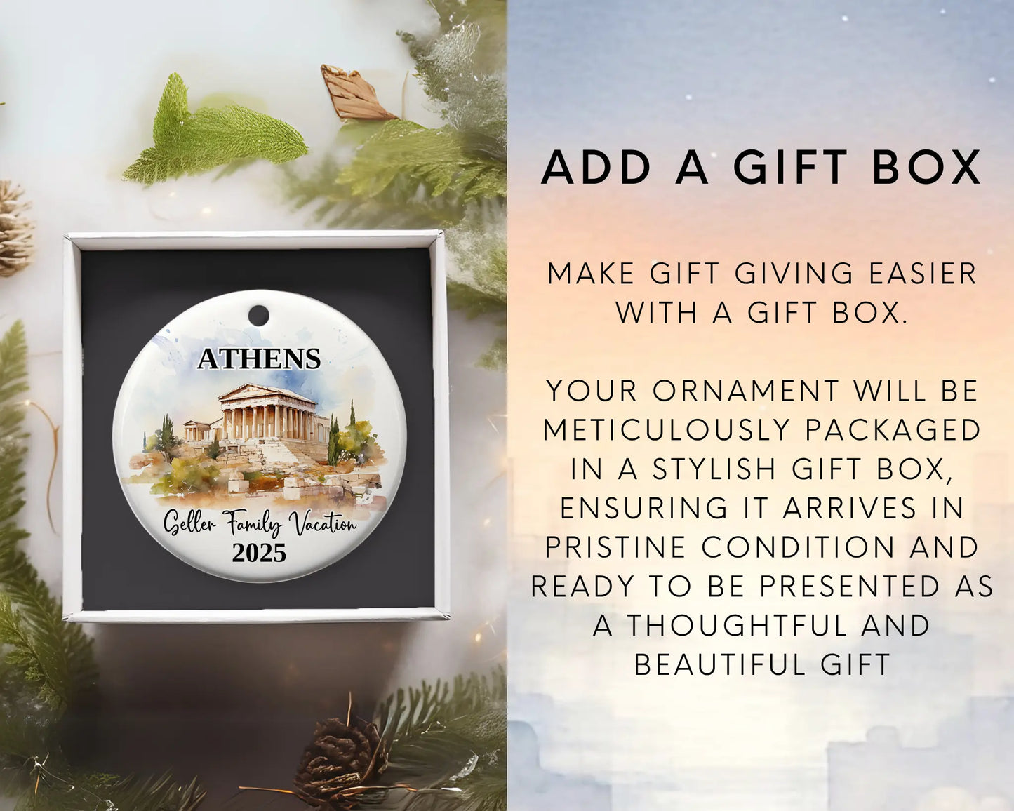 Custom vacation Athens Greece ceramic photo ornament with personalized message – handmade Christmas bauble, gift souvenir, or vacation keepsake. Add gift box