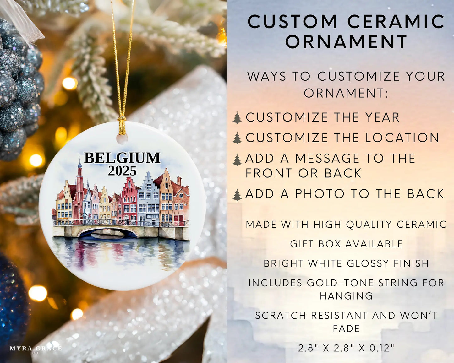 Custom Belgium ceramic photo ornament with personalized message – handmade Christmas bauble, gift souvenir, or vacation keepsake. Infographic