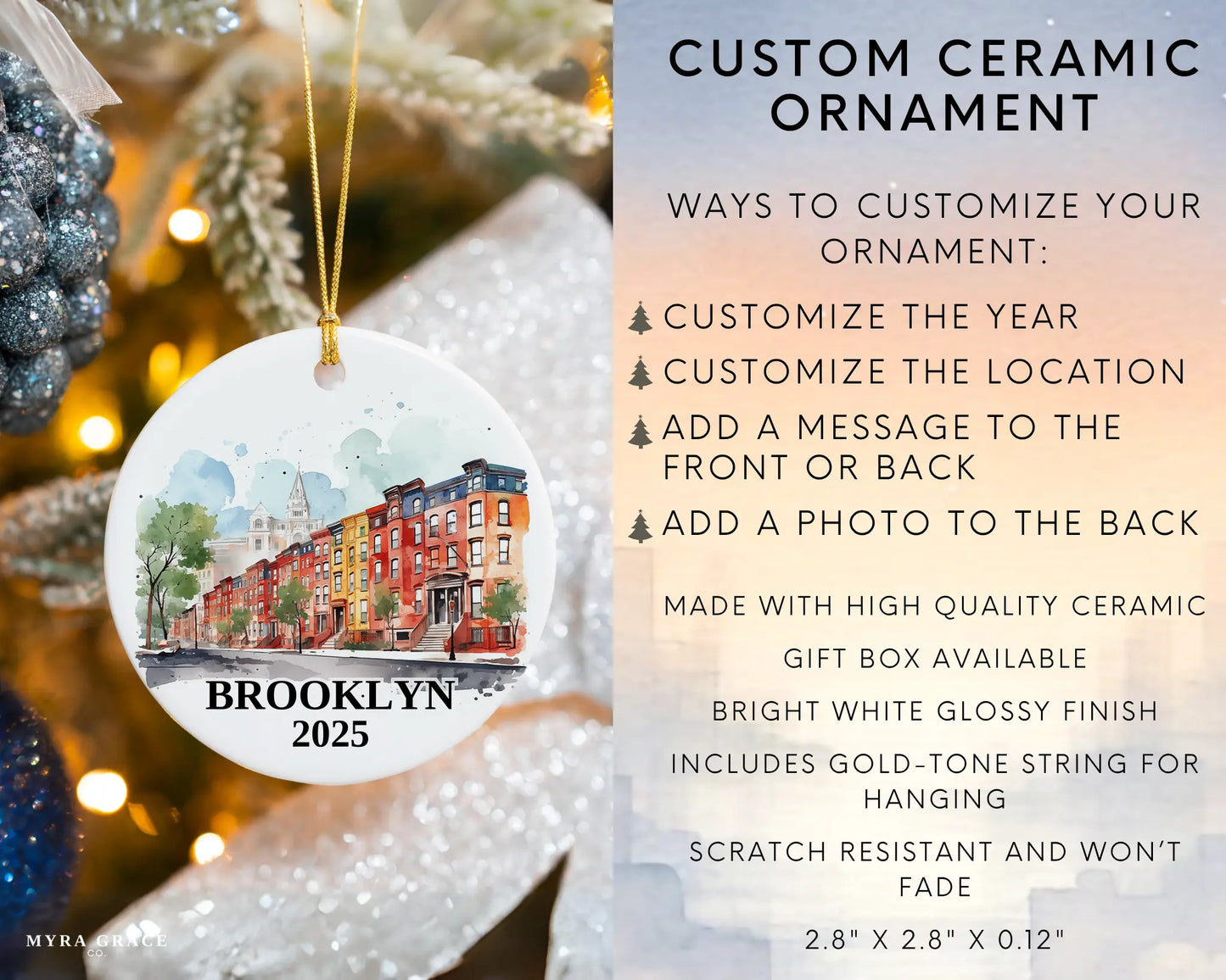 Custom Brooklyn ceramic photo ornament with personalized message – handmade Christmas bauble, gift souvenir, or vacation keepsake. Infographic