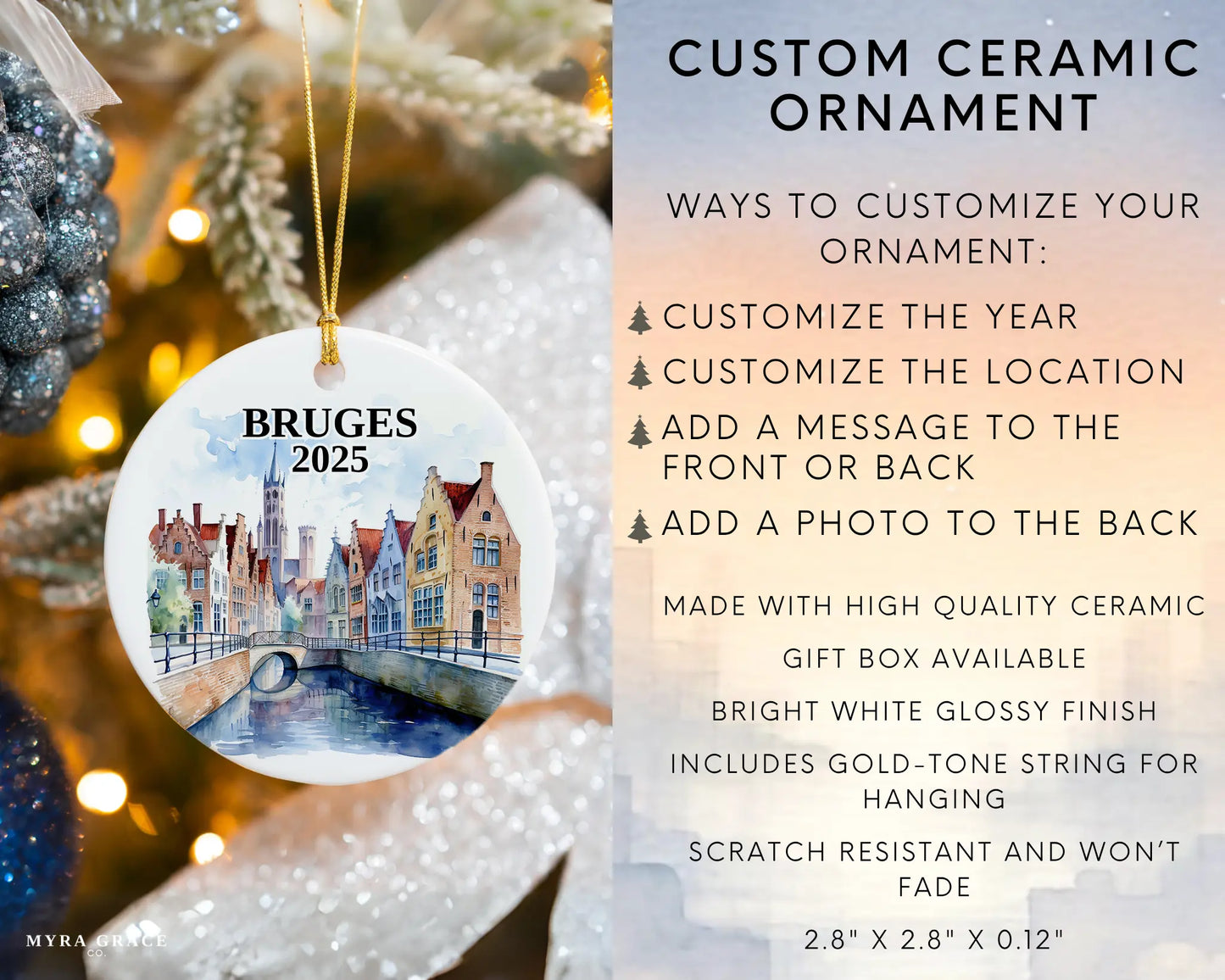 Custom Bruges, Belgium ceramic photo ornament with personalized message – handmade Christmas bauble, gift souvenir, or vacation keepsake. Infographic