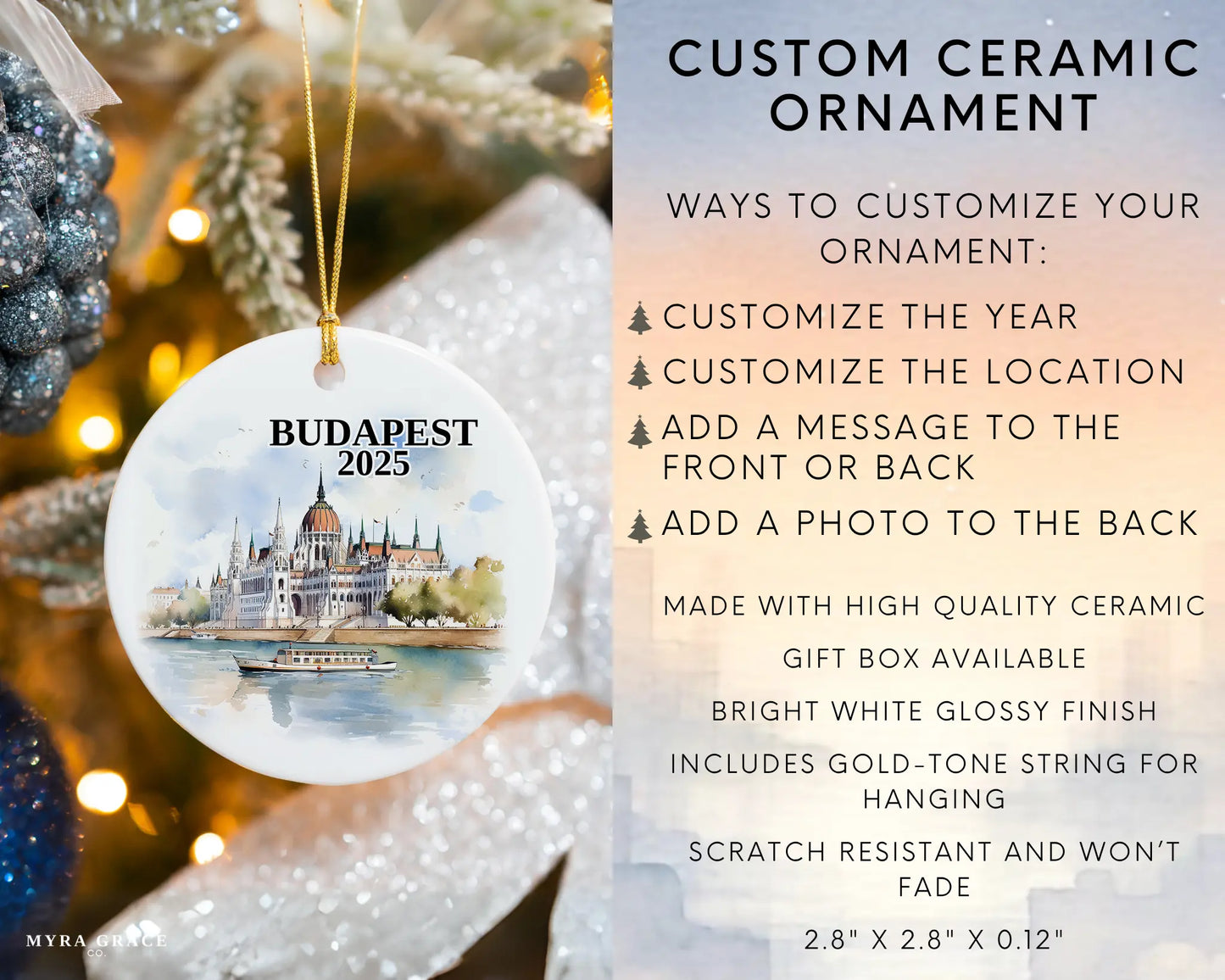 Custom Budapest, Hungary ceramic photo ornament with personalized message – handmade Christmas bauble, gift souvenir, or vacation keepsake. Infographic