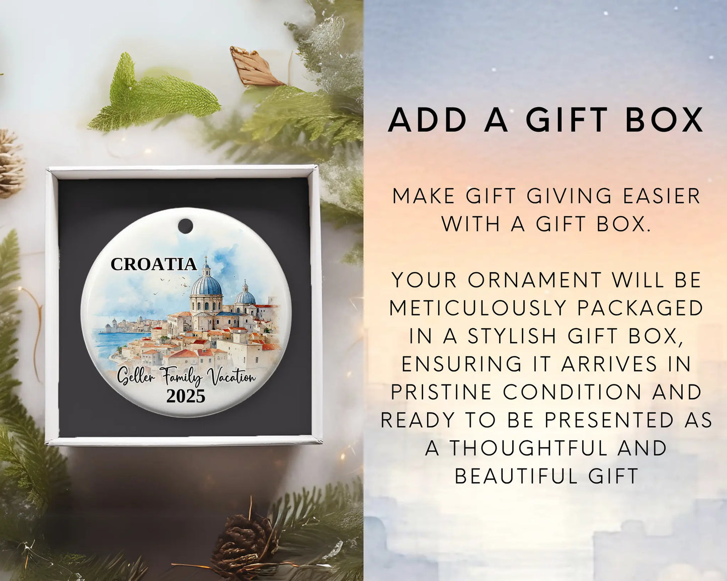 Custom vacation Croatia ceramic photo ornament with personalized message – handmade Christmas bauble, gift souvenir, or vacation keepsake. Add gift box