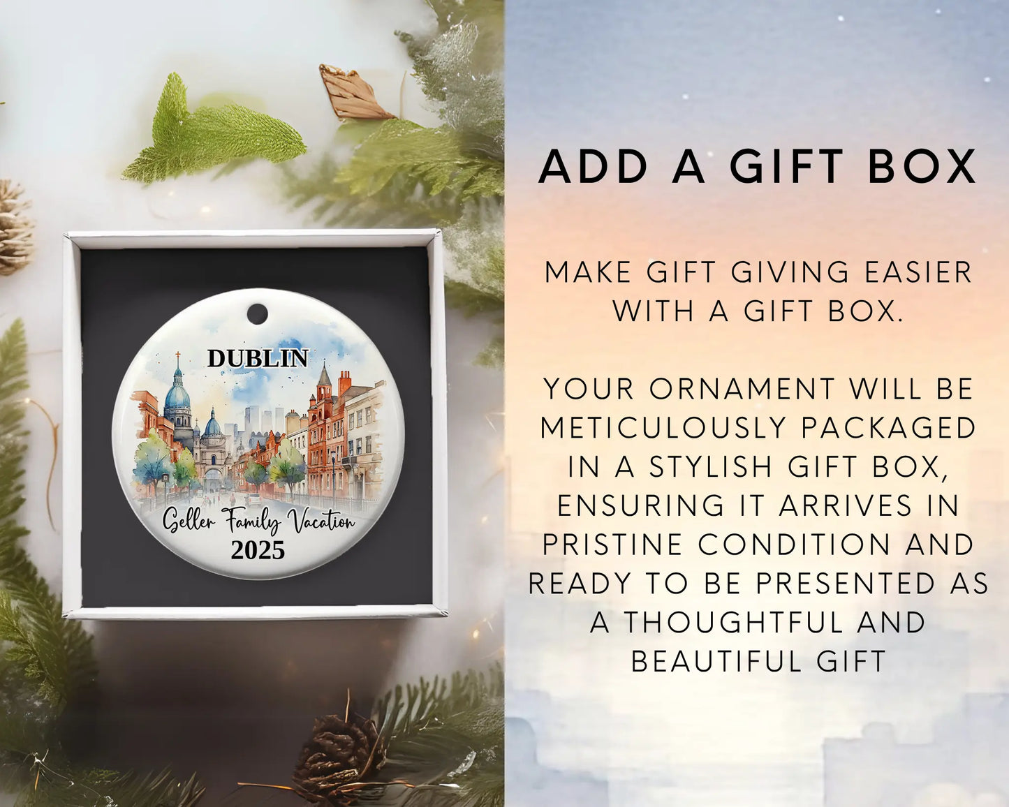 Custom vacation Dublin Ireland ceramic photo ornament with personalized message – handmade Christmas bauble, gift souvenir, or vacation keepsake. Add gift box