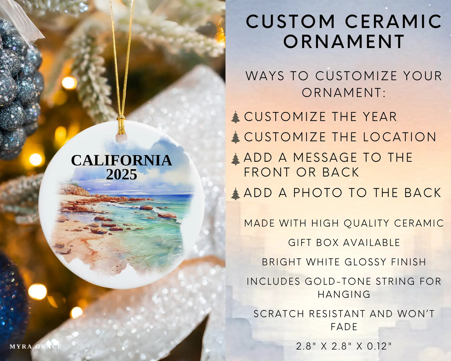 Custom California ceramic photo ornament with personalized message – handmade Christmas bauble, gift souvenir, or vacation keepsake. infographic