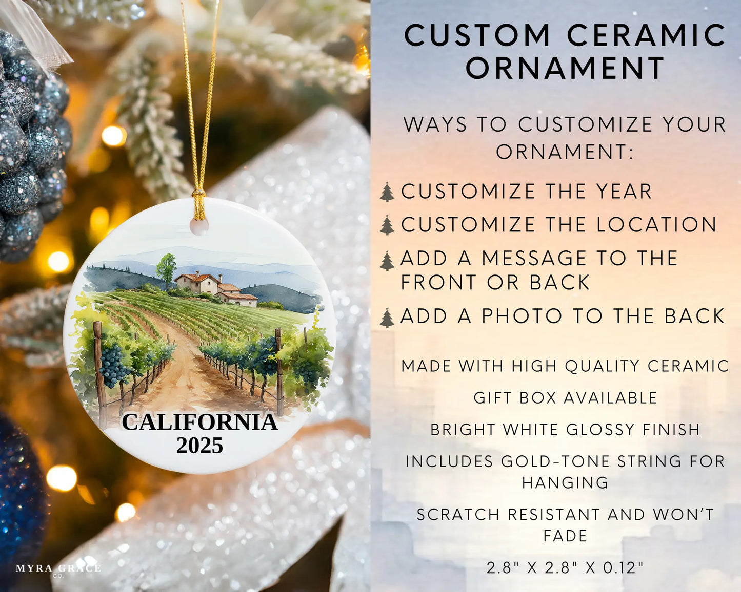 Custom California ceramic photo ornament with personalized message – handmade Christmas bauble, gift souvenir, or vacation keepsake. infographic