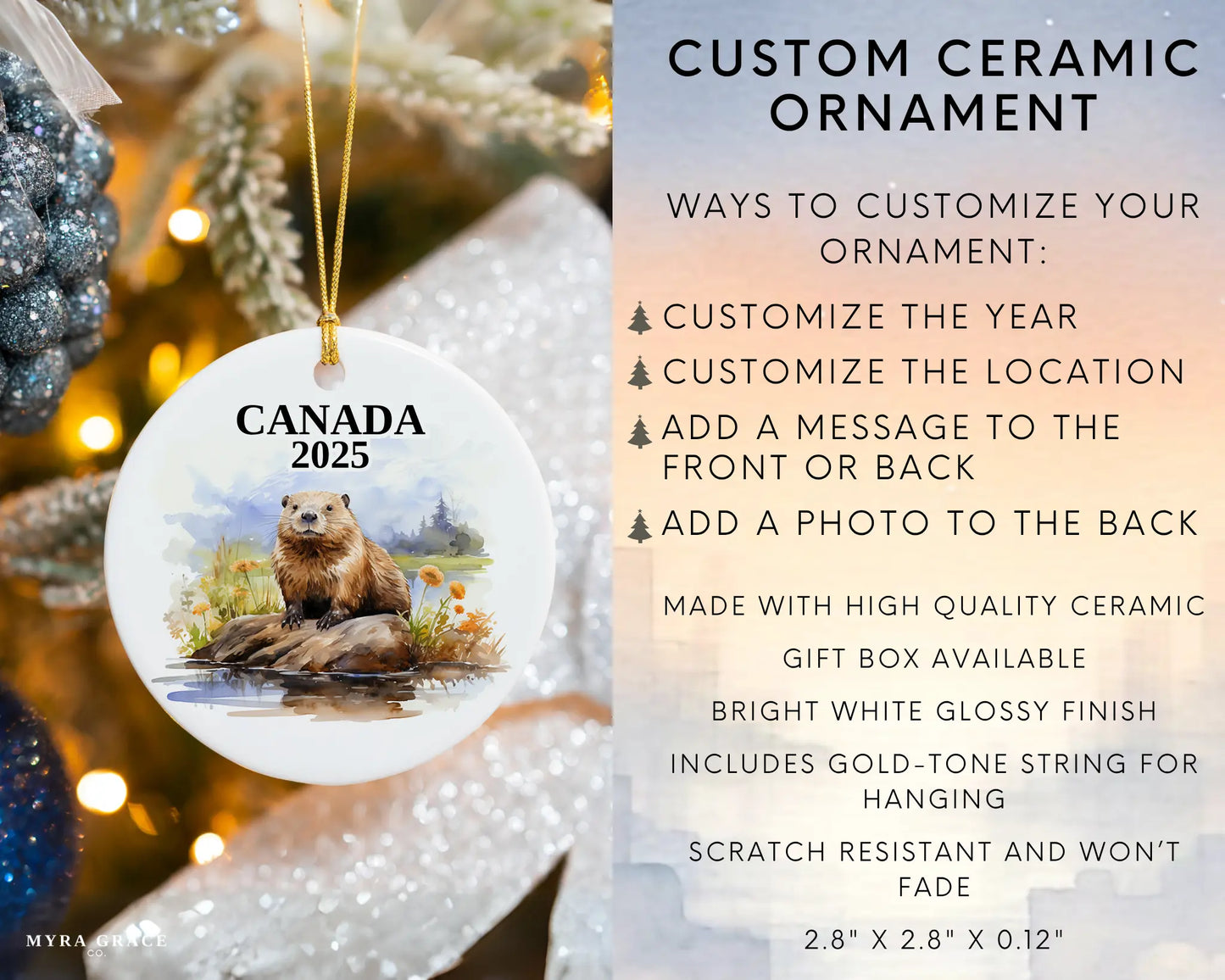 Custom Canada ceramic photo ornament with personalized message – handmade Christmas bauble, gift souvenir, or vacation keepsake. infographic