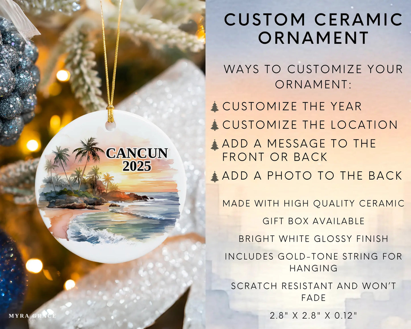 Custom Cancun, Mexico ceramic photo ornament with personalized message – handmade Christmas bauble, gift souvenir, or vacation keepsake. Infographic