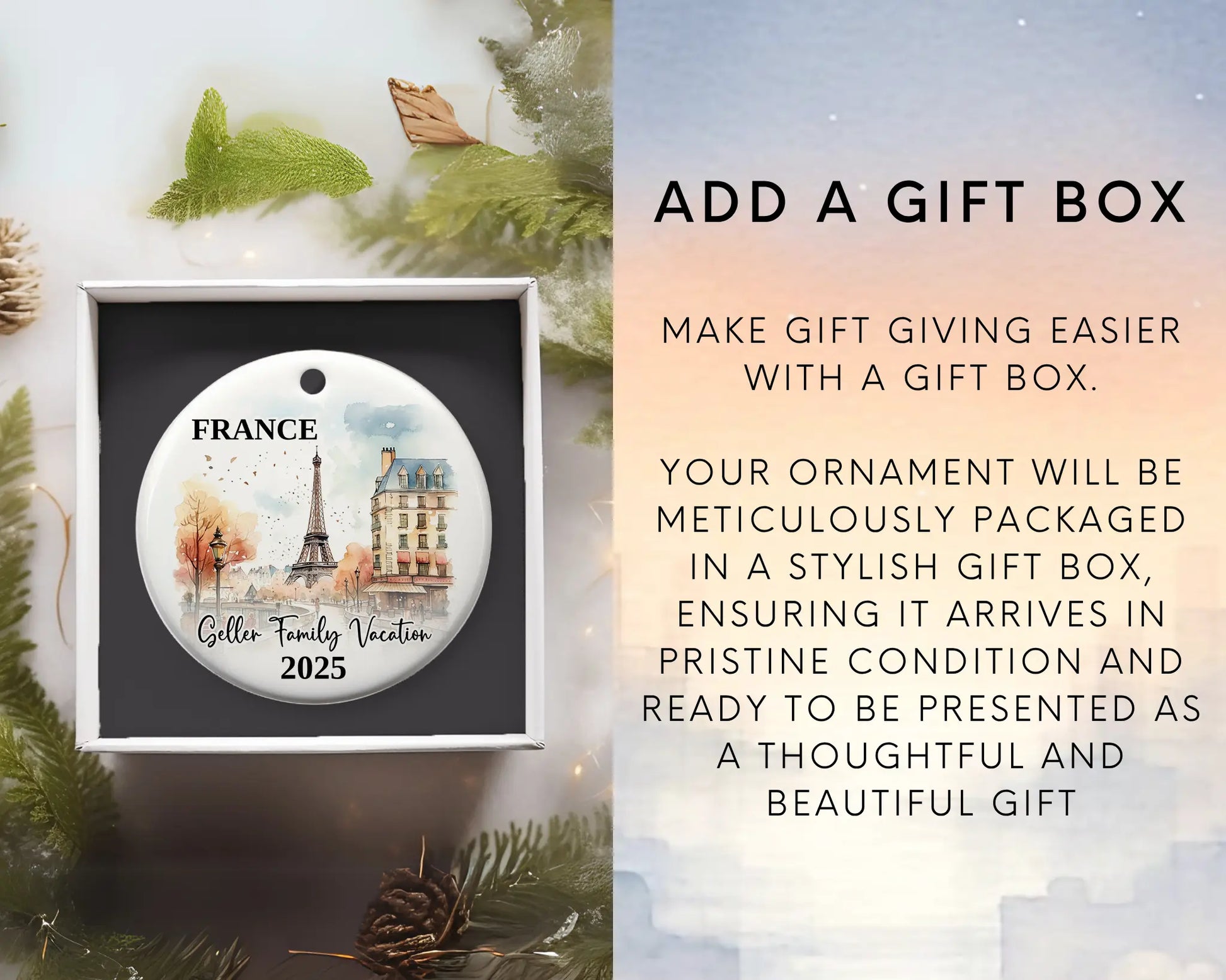 Custom vacation Paris France ceramic photo ornament with personalized message – handmade Christmas bauble, gift souvenir, or vacation keepsake. Add gift box