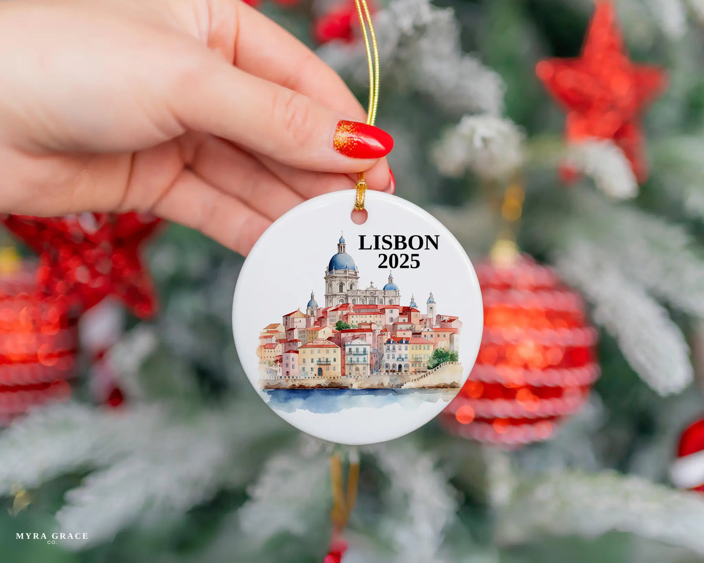 Custom Lisbon Portugal ceramic photo ornament with personalized message – handmade Christmas bauble, gift souvenir, or vacation keepsake.