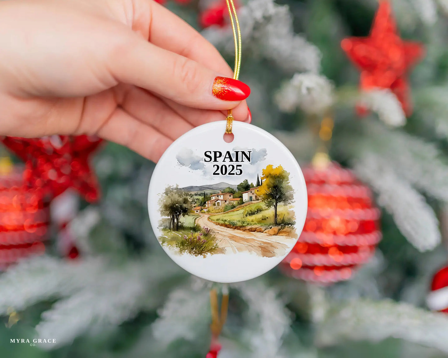 Custom Spain ceramic photo ornament with personalized message – handmade Christmas bauble, gift souvenir, or vacation keepsake.