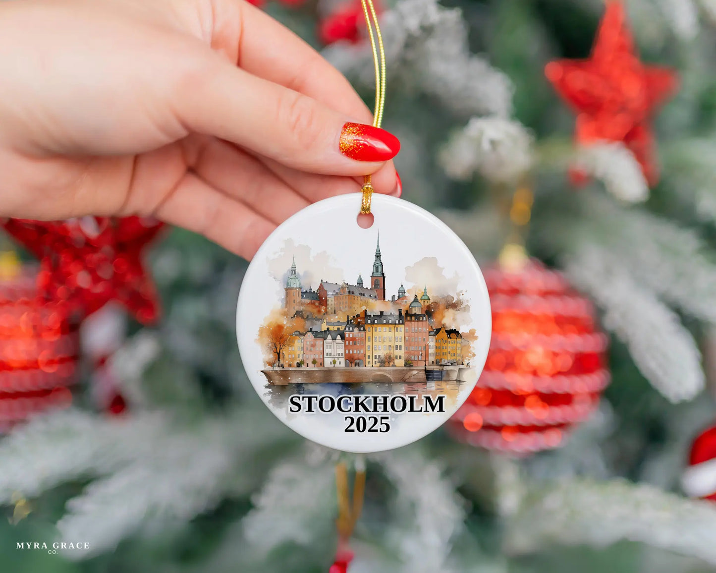 Custom Stockholm Sweden ceramic photo ornament with personalized message – handmade Christmas bauble, gift souvenir, or vacation keepsake.