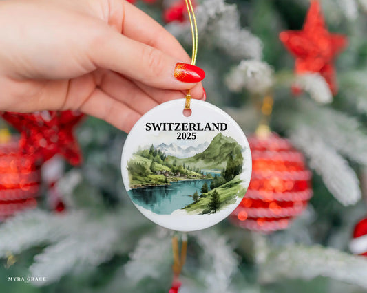 Custom Switzerland ceramic photo ornament with personalized message – handmade Christmas bauble, gift souvenir, or vacation keepsake.