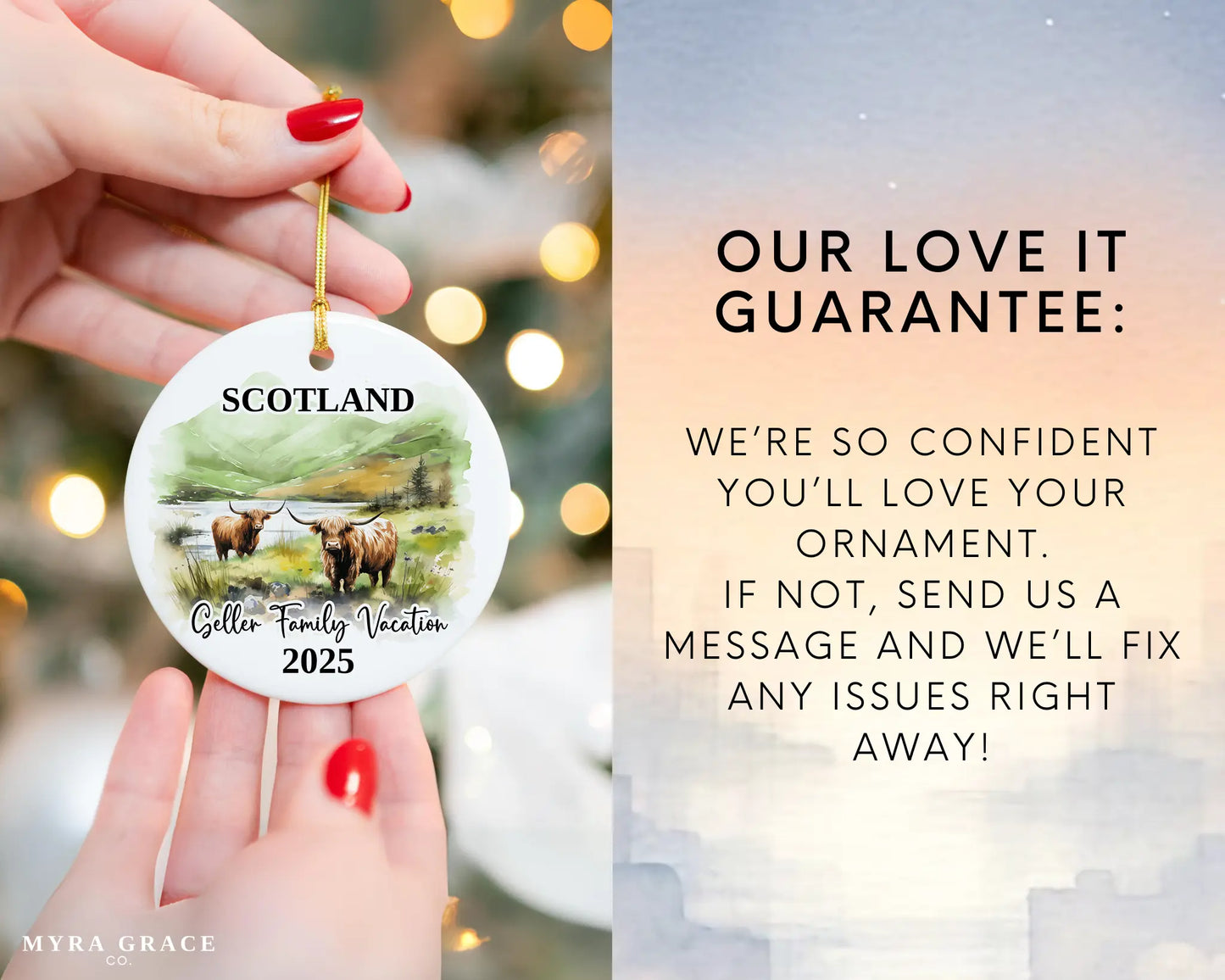 Custom vacation Scotland Highland Cows ceramic photo ornament with personalized message – handmade Christmas bauble, gift souvenir, or vacation keepsake. Love it guarantee