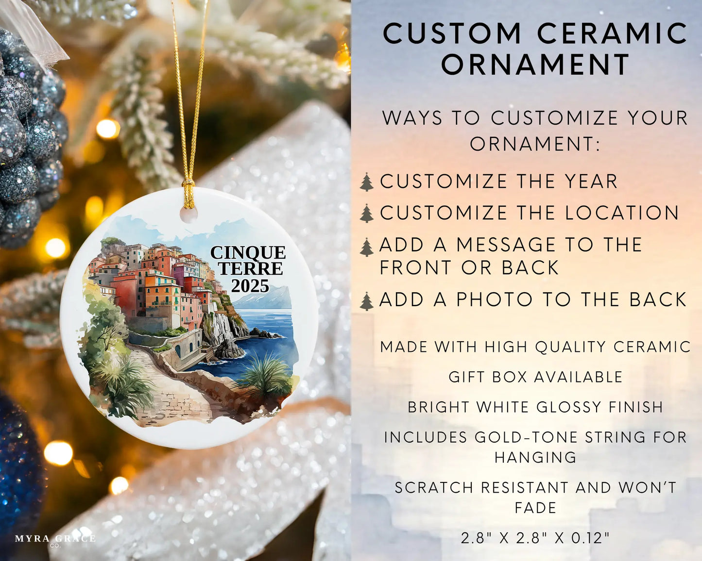 Custom Cinque Terre Italy ceramic photo ornament with personalized message – handmade Christmas bauble, gift souvenir, or vacation keepsake. Infographic