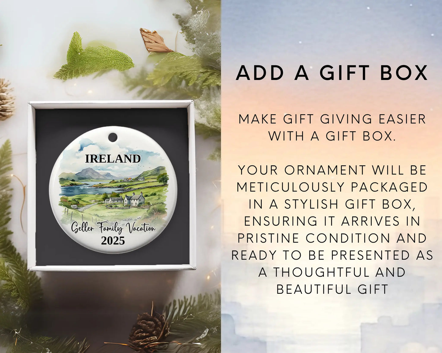 Custom vacation Ireland ceramic photo ornament with personalized message – handmade Christmas bauble, gift souvenir, or vacation keepsake. Add gift box