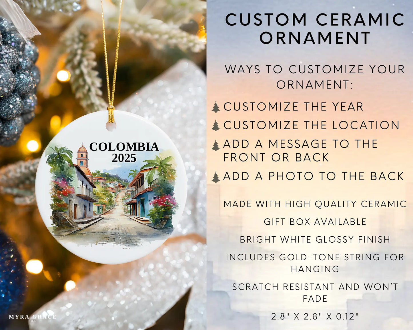 Custom Colombia ceramic photo ornament with personalized message – handmade Christmas bauble, gift souvenir, or vacation keepsake. Infographic