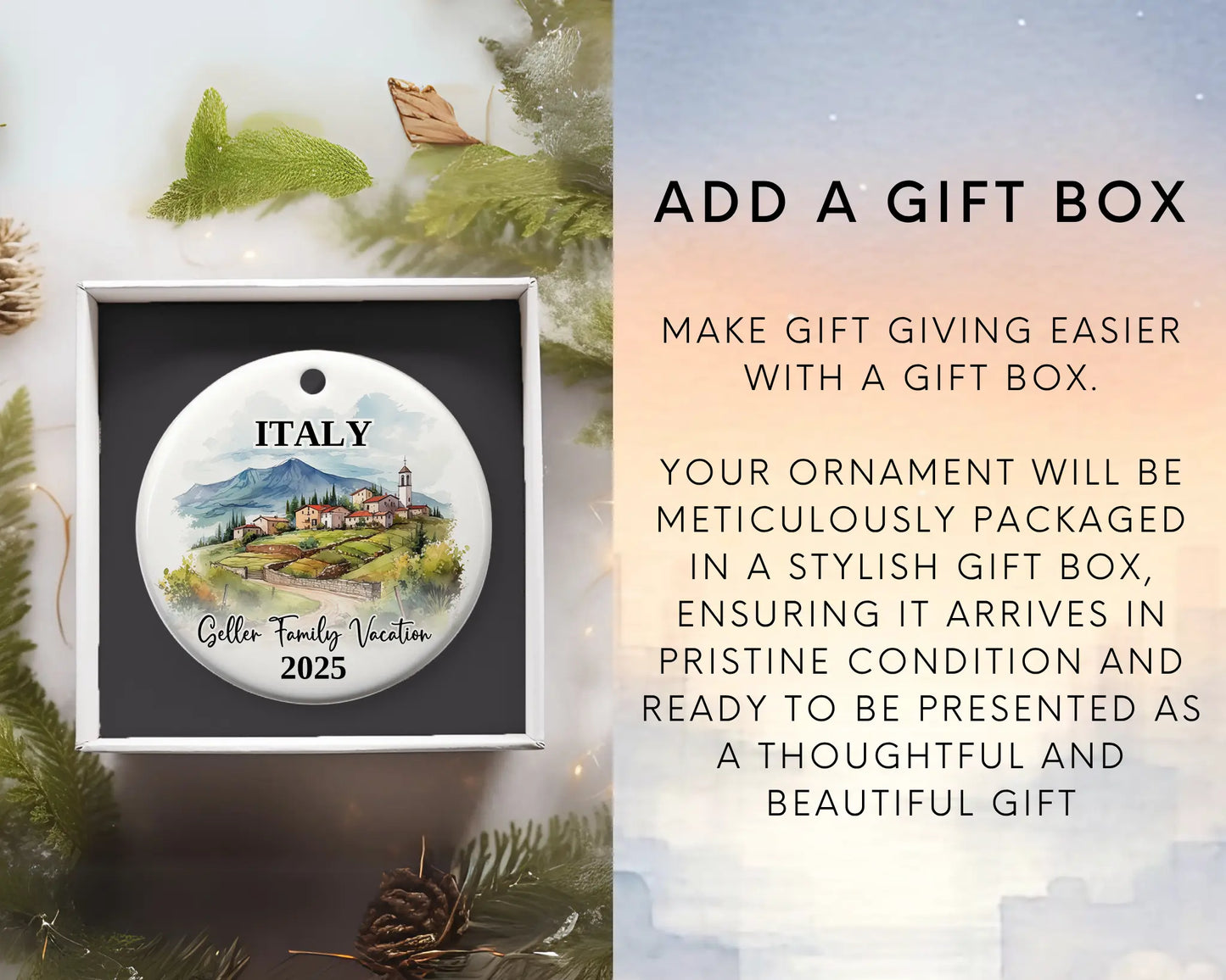 Custom vacation Italy ceramic photo ornament with personalized message – handmade Christmas bauble, gift souvenir, or vacation keepsake. Add gift box