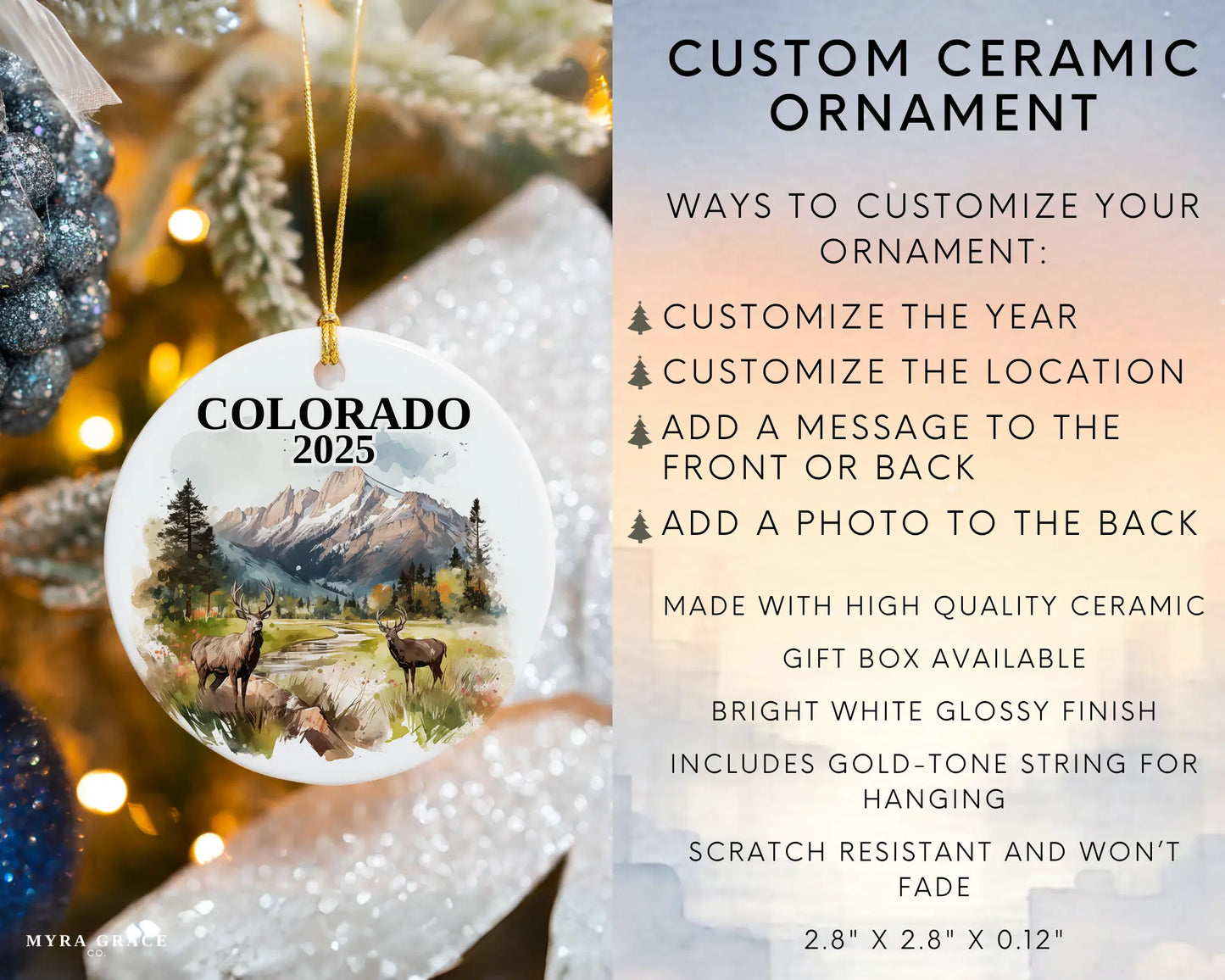 Custom Colorado ceramic photo ornament with personalized message – handmade Christmas bauble, gift souvenir, or vacation keepsake. infographic