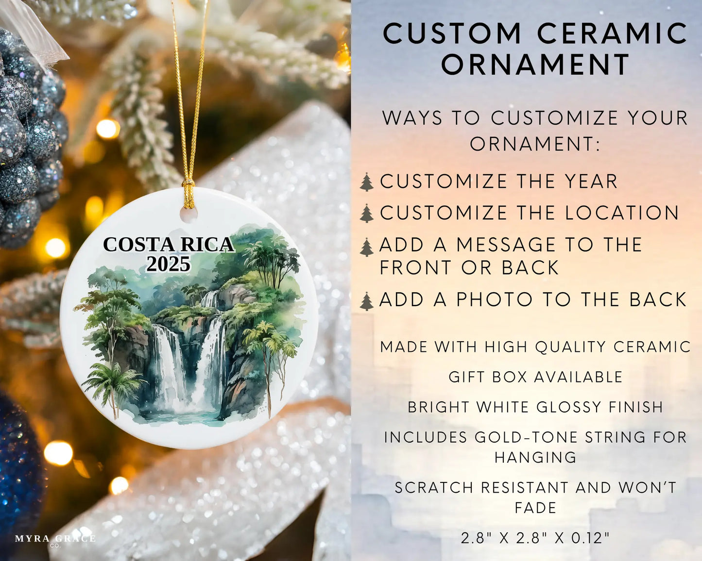 Custom Costa Rica ceramic photo ornament with personalized message – handmade Christmas bauble, gift souvenir, or vacation keepsake. Infographic
