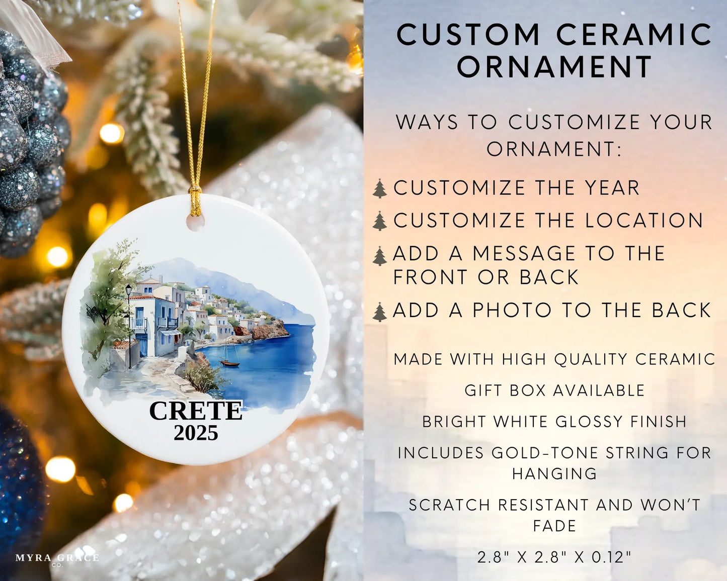 Custom Crete ceramic photo ornament with personalized message – handmade Christmas bauble, gift souvenir, or vacation keepsake. Infographic