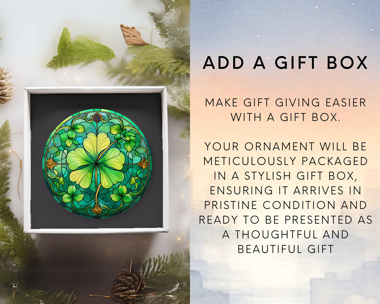 Ceramic ornament with shamrocks and clovers – non-customizable lucky charm gift or seasonal keepsake. Add gift box