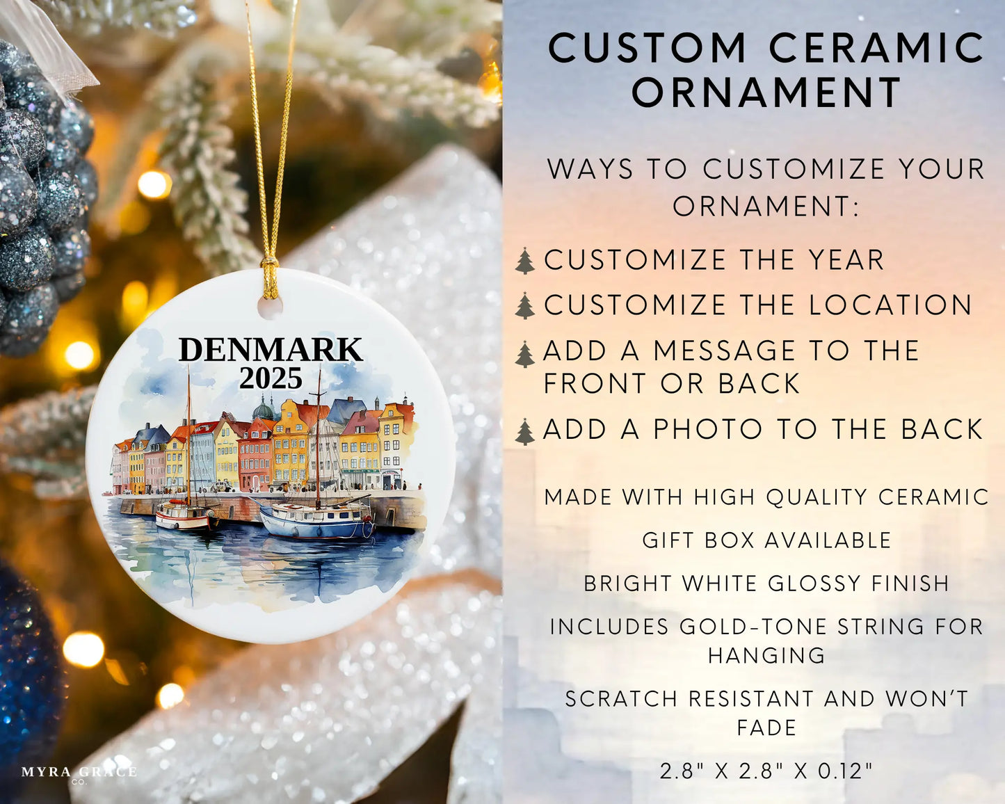 Custom Denmark ceramic photo ornament with personalized message – handmade Christmas bauble, gift souvenir, or vacation keepsake. Infographic