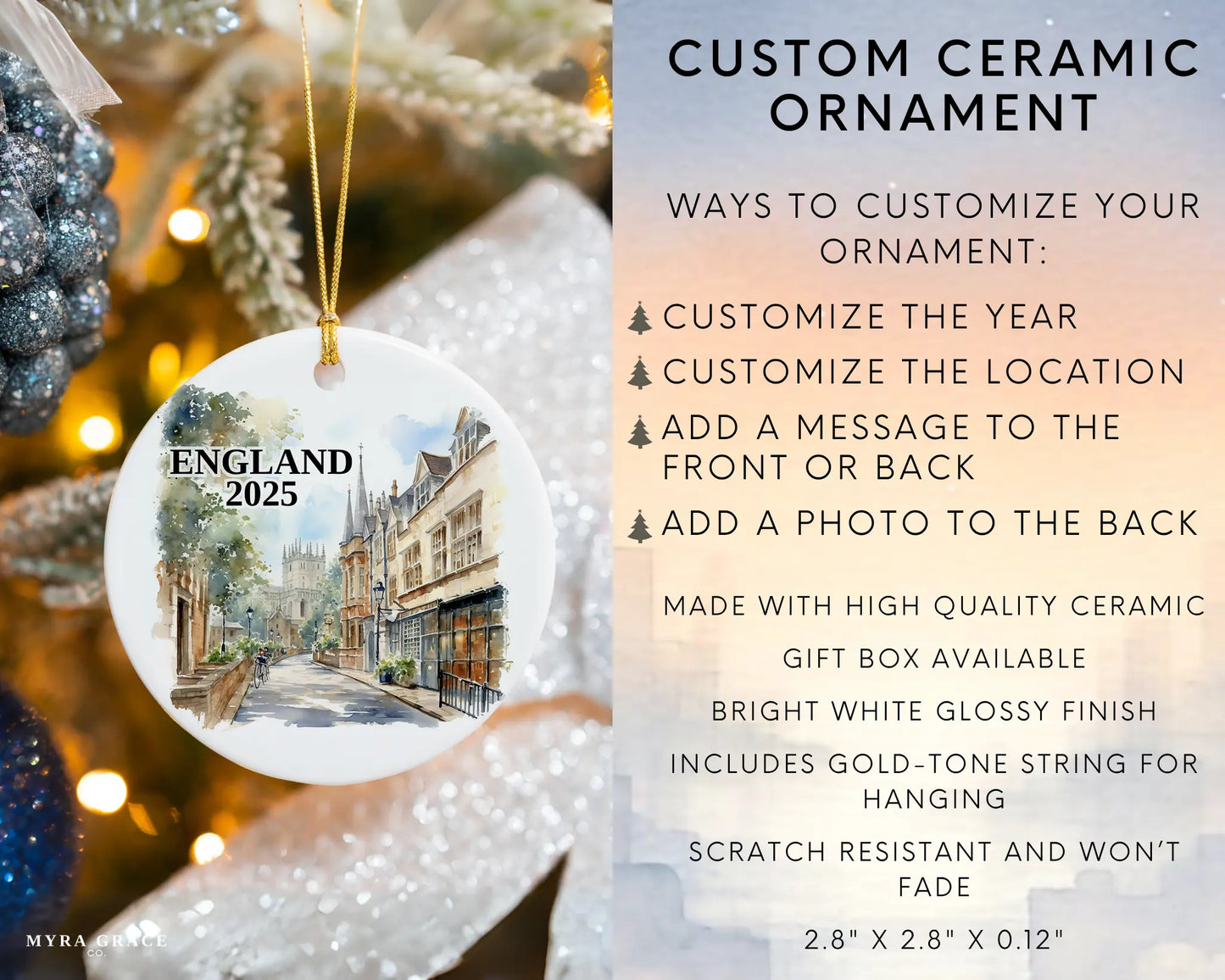 Custom England Oxford ceramic photo ornament with personalized message – handmade Christmas bauble, gift souvenir, or vacation keepsake. Infographic