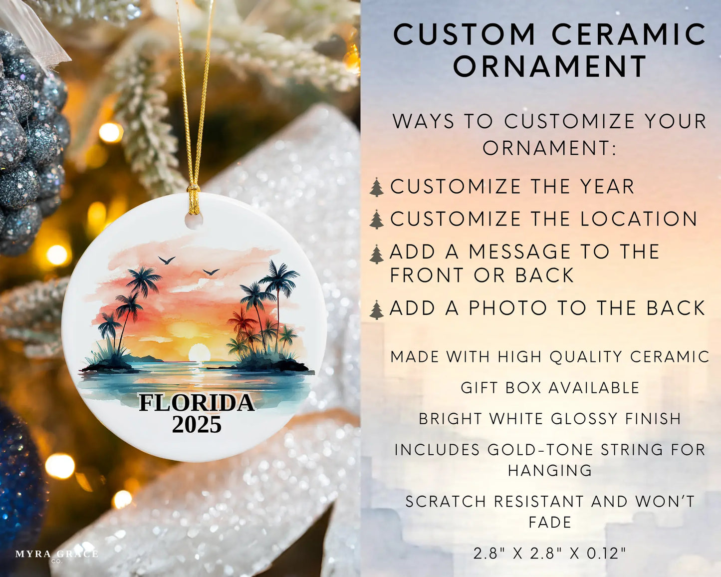 Custom Florida ceramic photo ornament with personalized message – handmade Christmas bauble, gift souvenir, or vacation keepsake. infographic