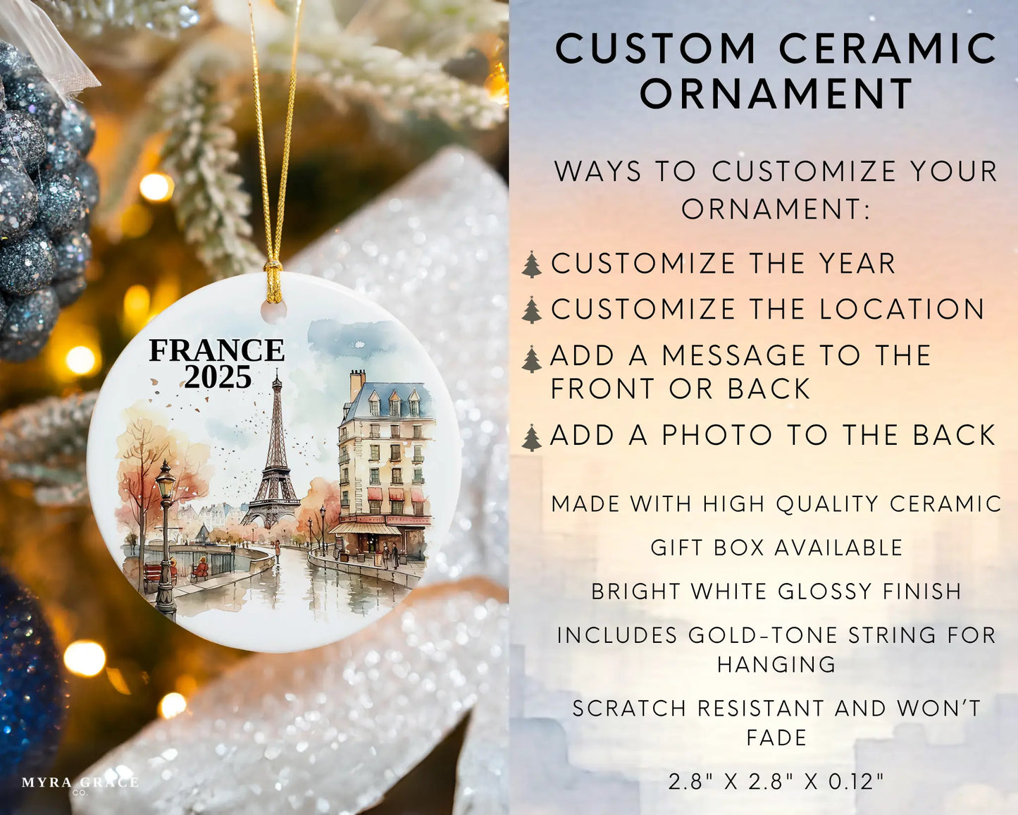 Custom France, Paris in Autumn ceramic photo ornament with personalized message – handmade Christmas bauble, gift souvenir, or vacation keepsake. infographic