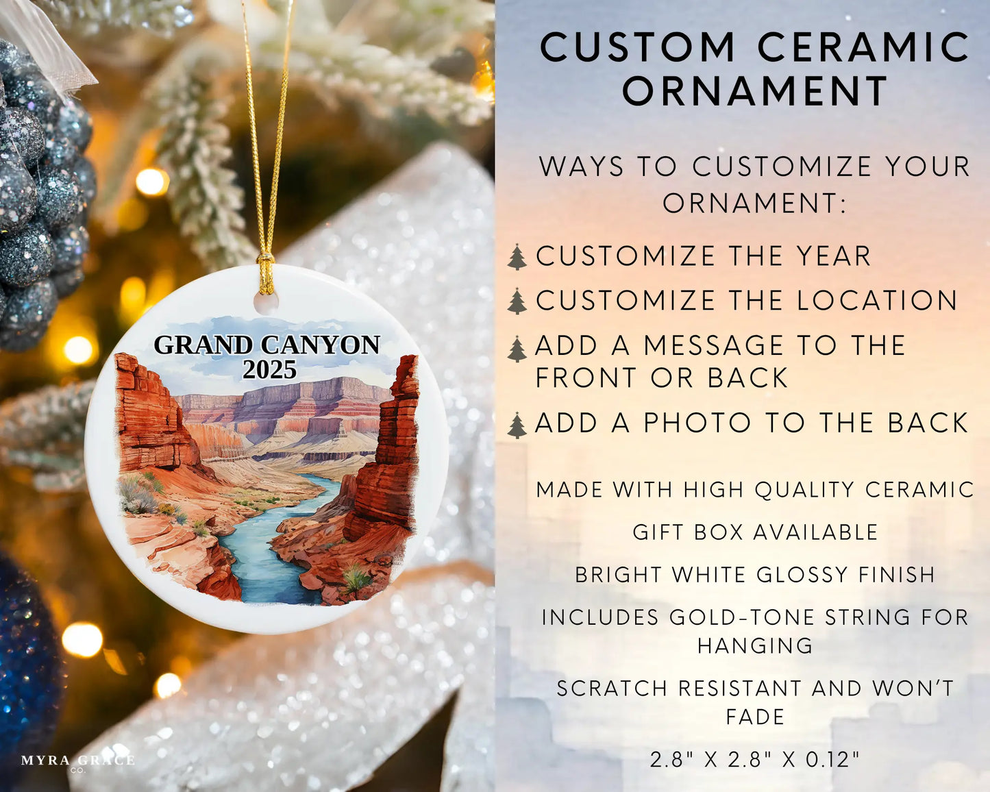 Custom Grand Canyon ceramic photo ornament with personalized message – handmade Christmas bauble, gift souvenir, or vacation keepsake. infographic