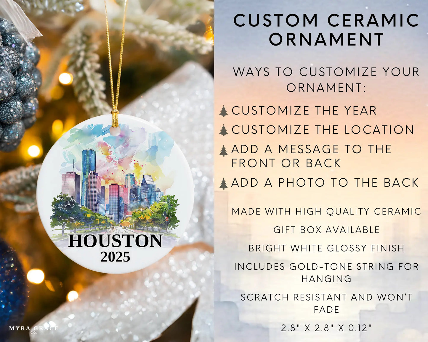 Custom Houston Texas ceramic photo ornament with personalized message – handmade Christmas bauble, gift souvenir, or vacation keepsake. infographic
