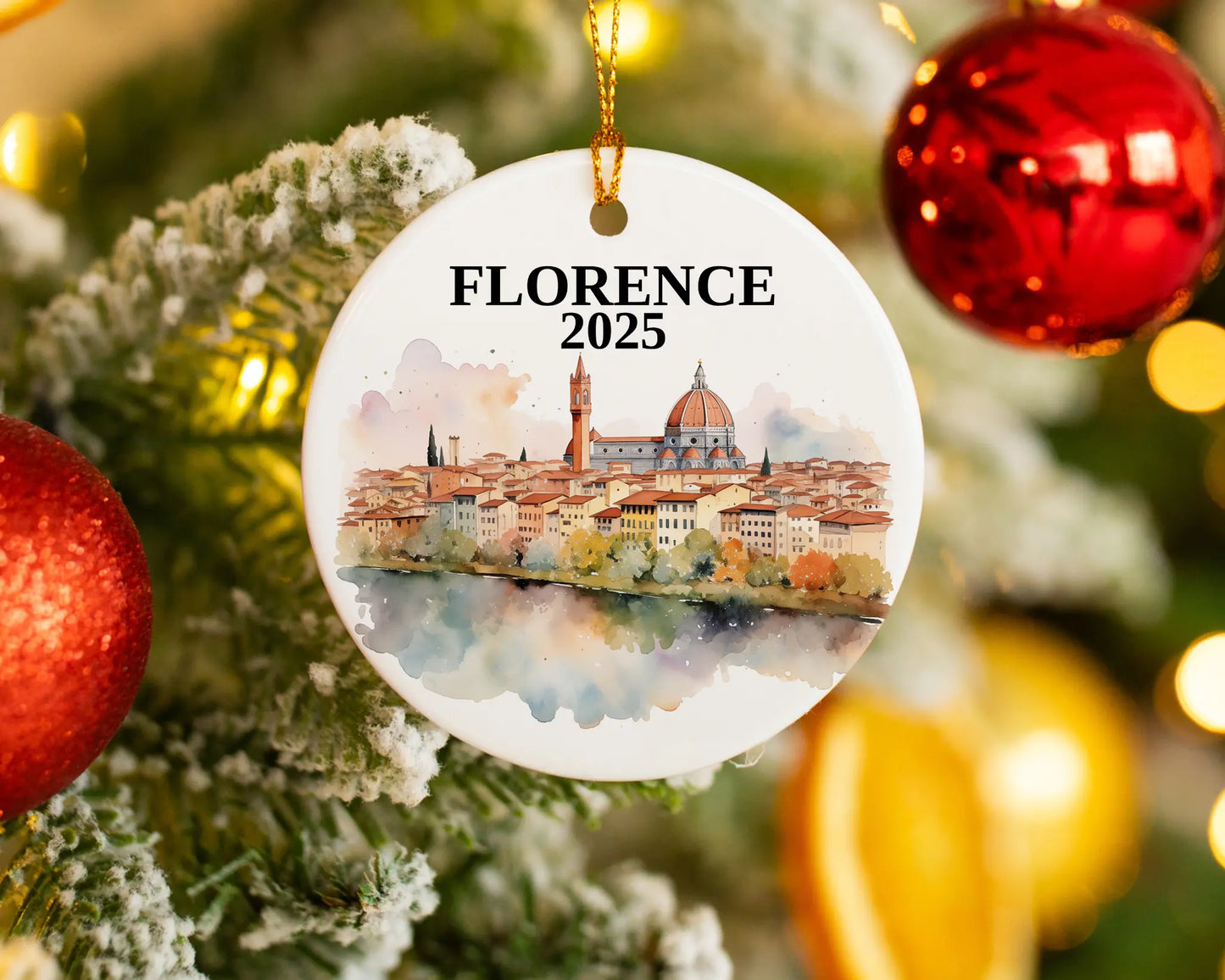 Custom Florence Italy ceramic photo ornament with personalized message – handmade Christmas bauble, gift souvenir, or vacation keepsake.