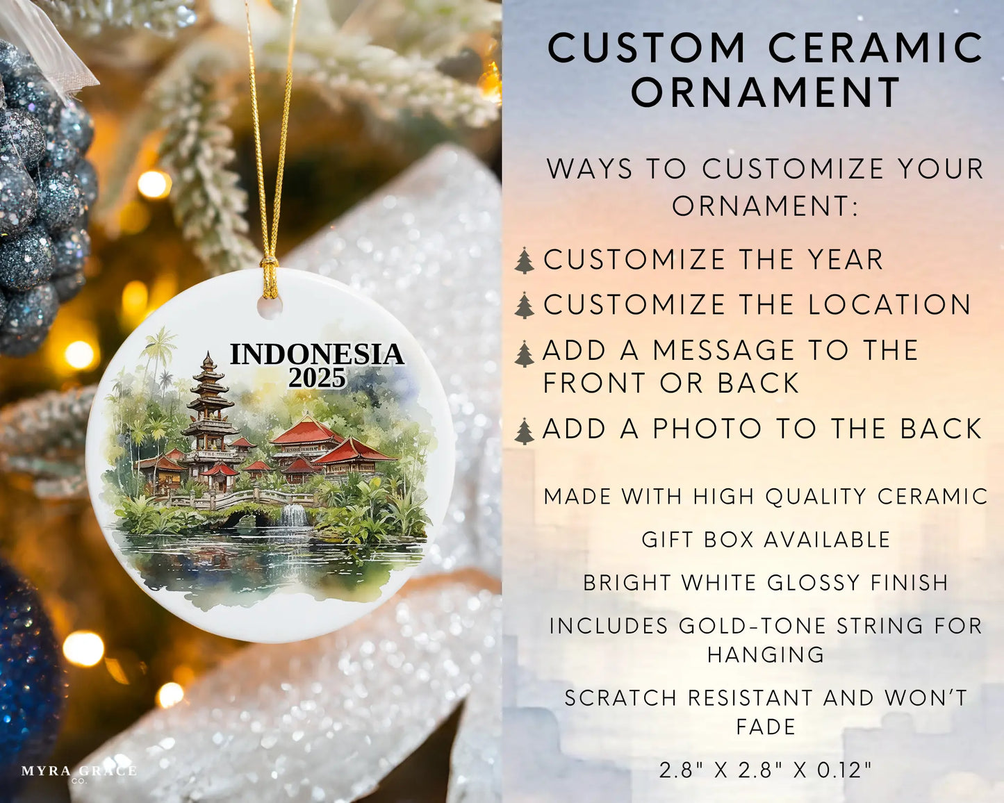 Custom Indonesia ceramic photo ornament with personalized message – handmade Christmas bauble, gift souvenir, or vacation keepsake. Infographic