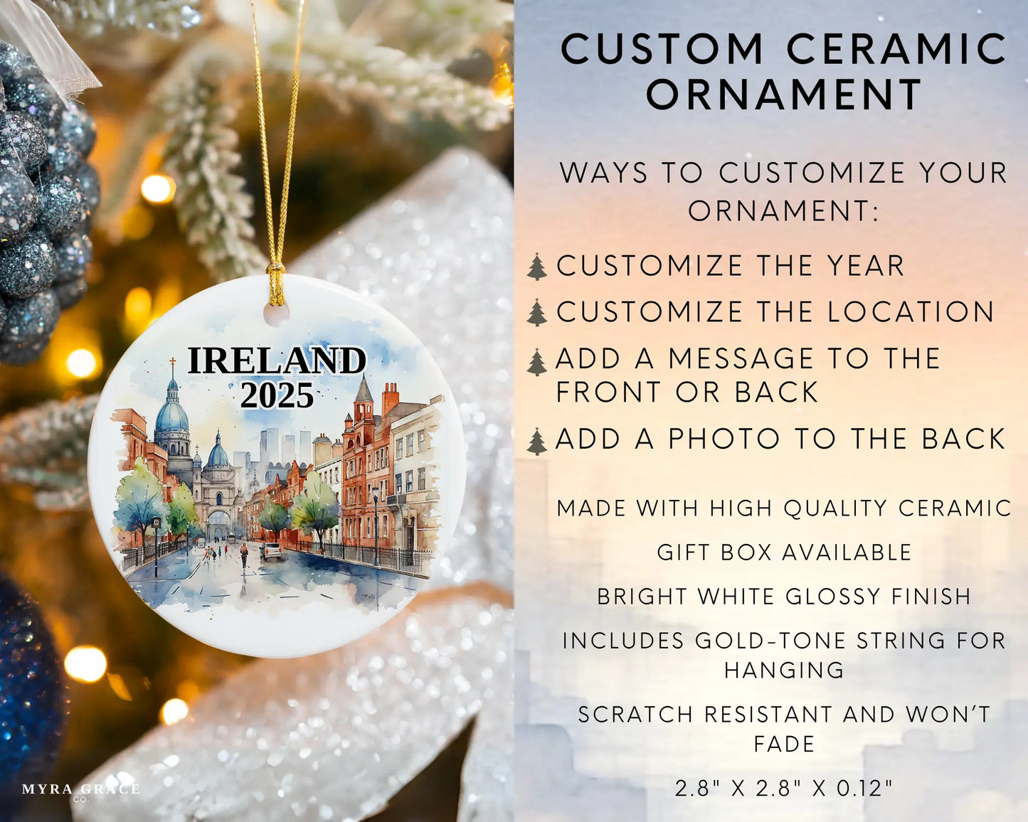 Custom Ireland ceramic photo ornament with personalized message – handmade Christmas bauble, gift souvenir, or vacation keepsake. Infographic