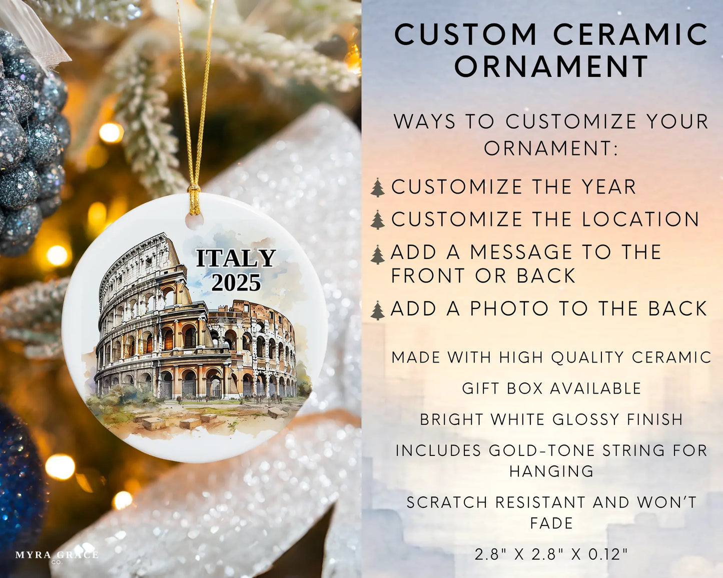 Custom Italy Rome Colosseum ceramic photo ornament with personalized message – handmade Christmas bauble, gift souvenir, or vacation keepsake. infographic
