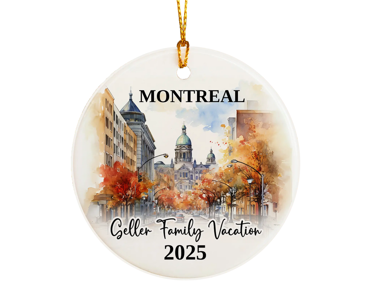 Custom vacation Montreal Quebec ceramic photo ornament with personalized message – handmade Christmas bauble, gift souvenir, or vacation keepsake.