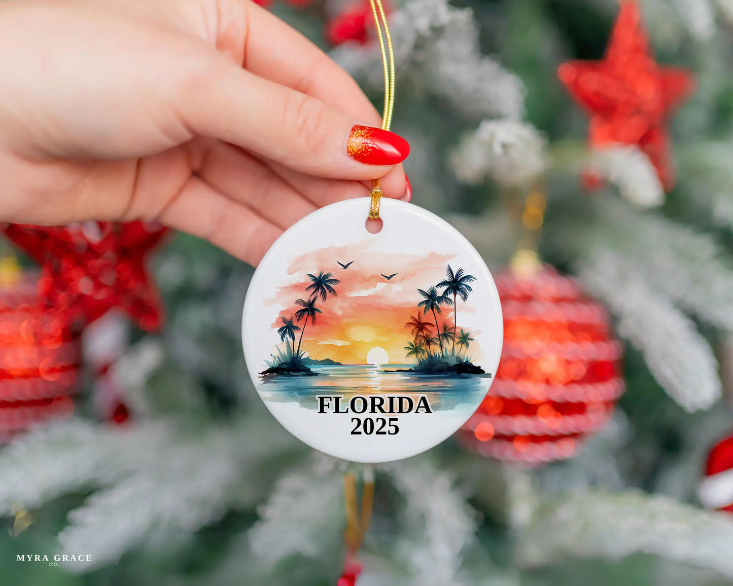 Custom Florida ceramic photo ornament with personalized message – handmade Christmas bauble, gift souvenir, or vacation keepsake.