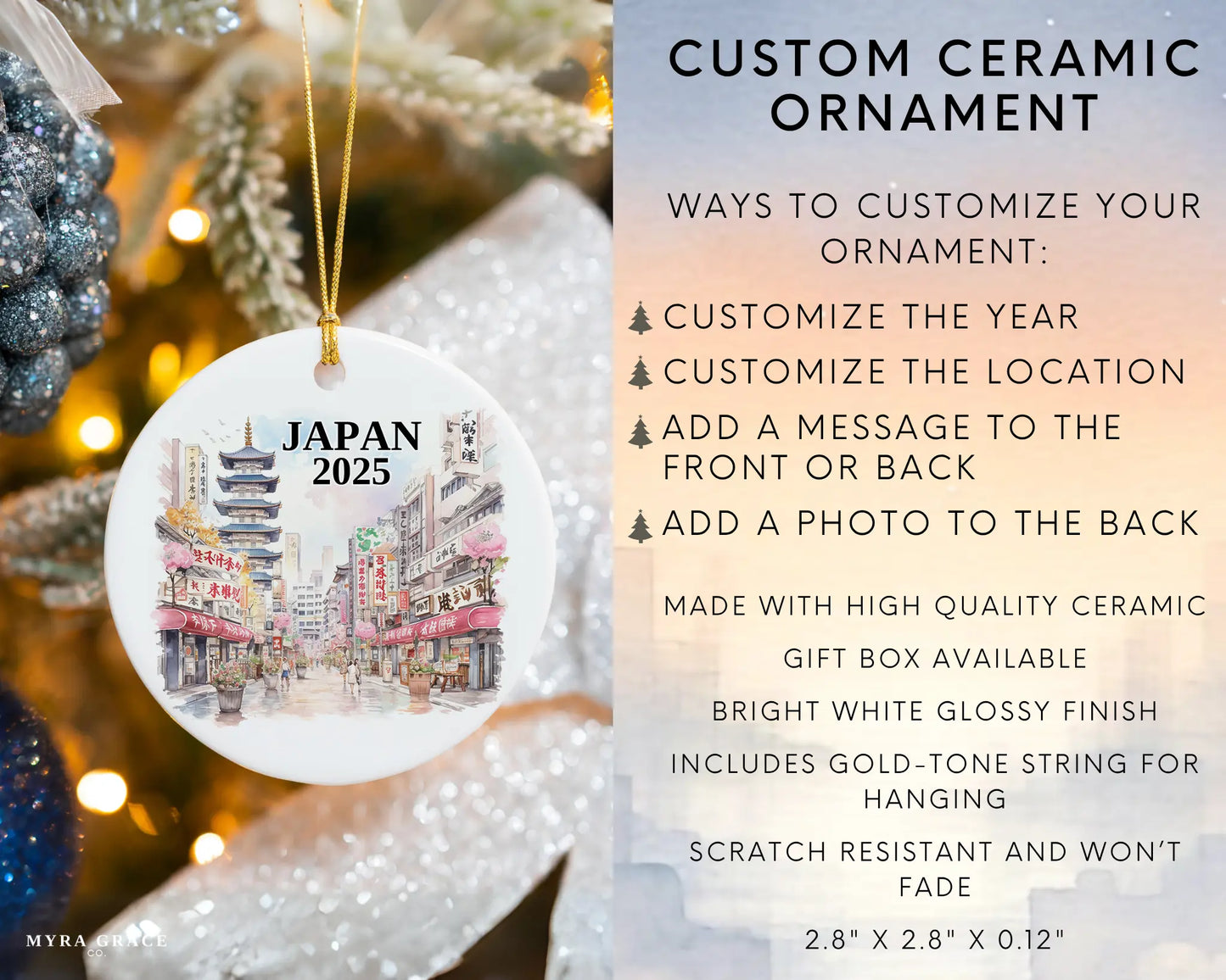 Custom Japan ceramic photo ornament with personalized message – handmade Christmas bauble, gift souvenir, or vacation keepsake. Infographic