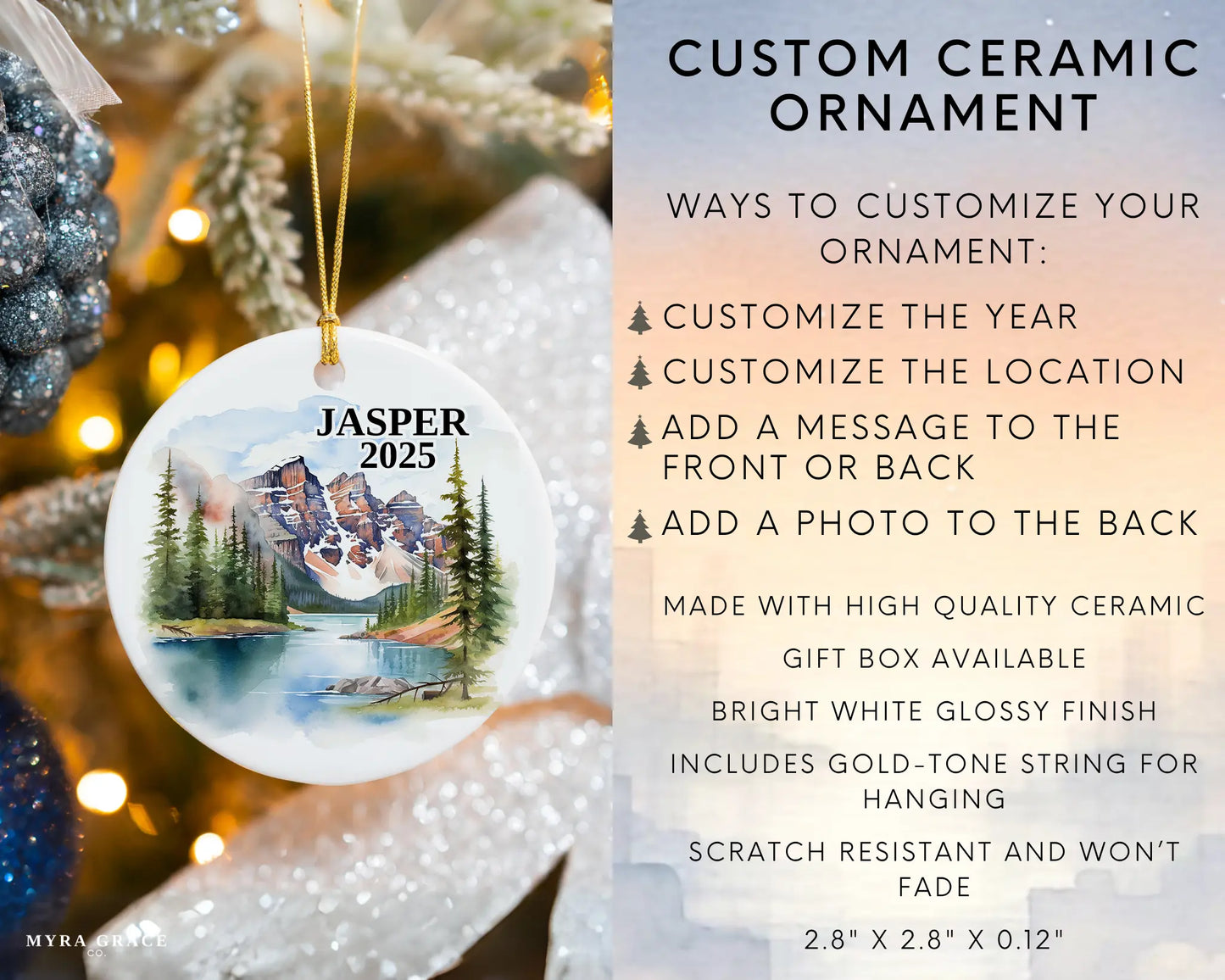 Custom Jasper Alberta Canada ceramic photo ornament with personalized message – handmade Christmas bauble, gift souvenir, or vacation keepsake. Infographic