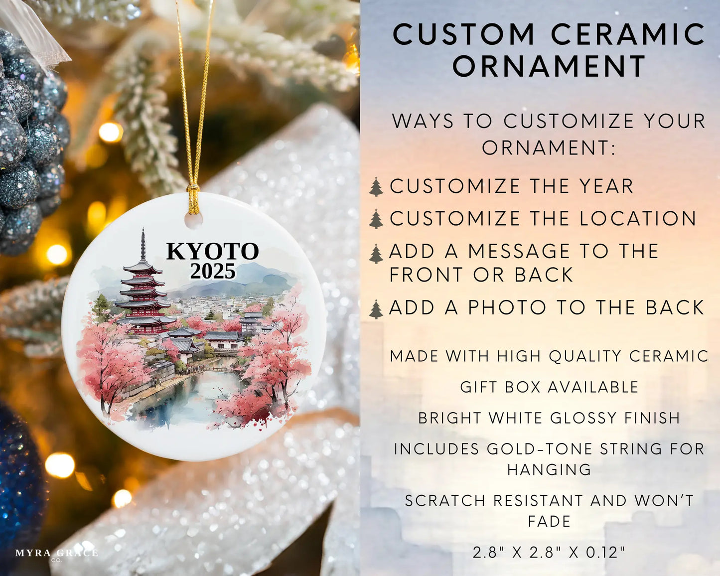 Custom Kyoto Japan ceramic photo ornament with personalized message – handmade Christmas bauble, gift souvenir, or vacation keepsake. Infographic