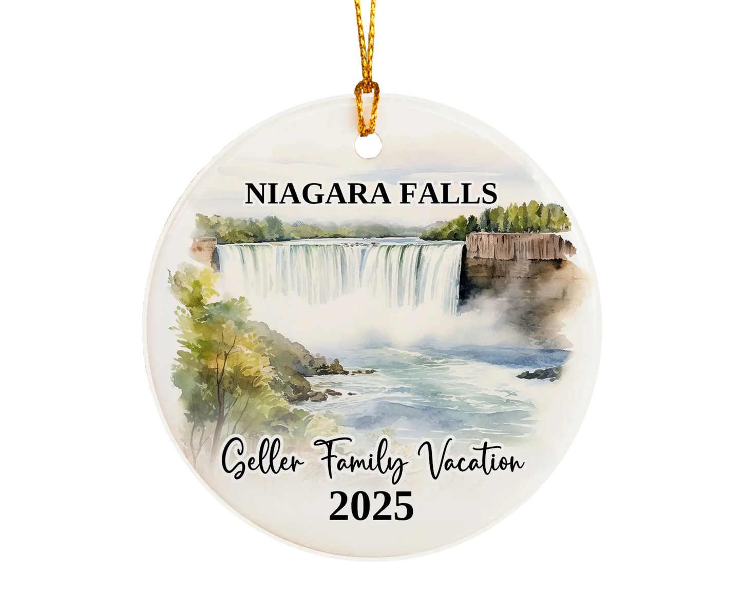 Custom vacation Niagara Falls ceramic photo ornament with personalized message – handmade Christmas bauble, gift souvenir, or vacation keepsake.