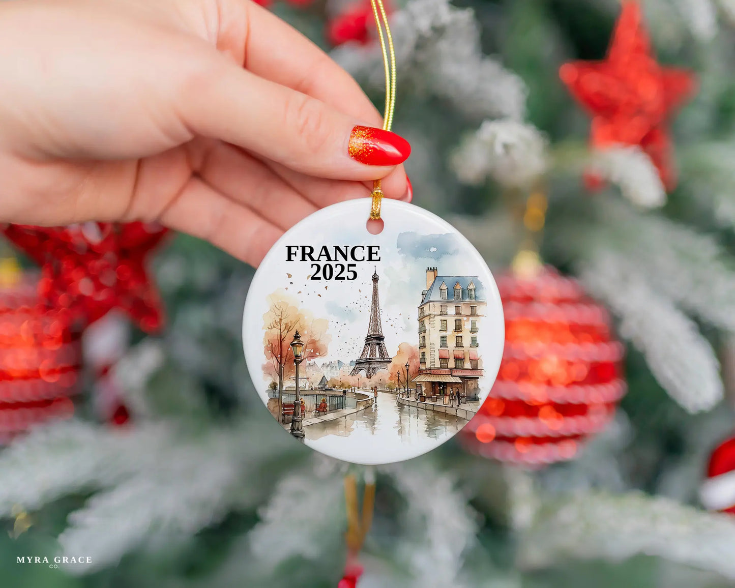 Custom France, Paris in Autumn ceramic photo ornament with personalized message – handmade Christmas bauble, gift souvenir, or vacation keepsake.