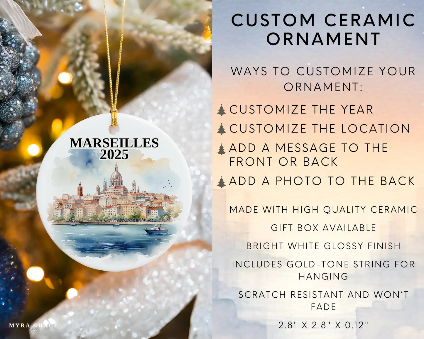 Custom Marseilles France ceramic photo ornament with personalized message – handmade Christmas bauble, gift souvenir, or vacation keepsake. Infographic