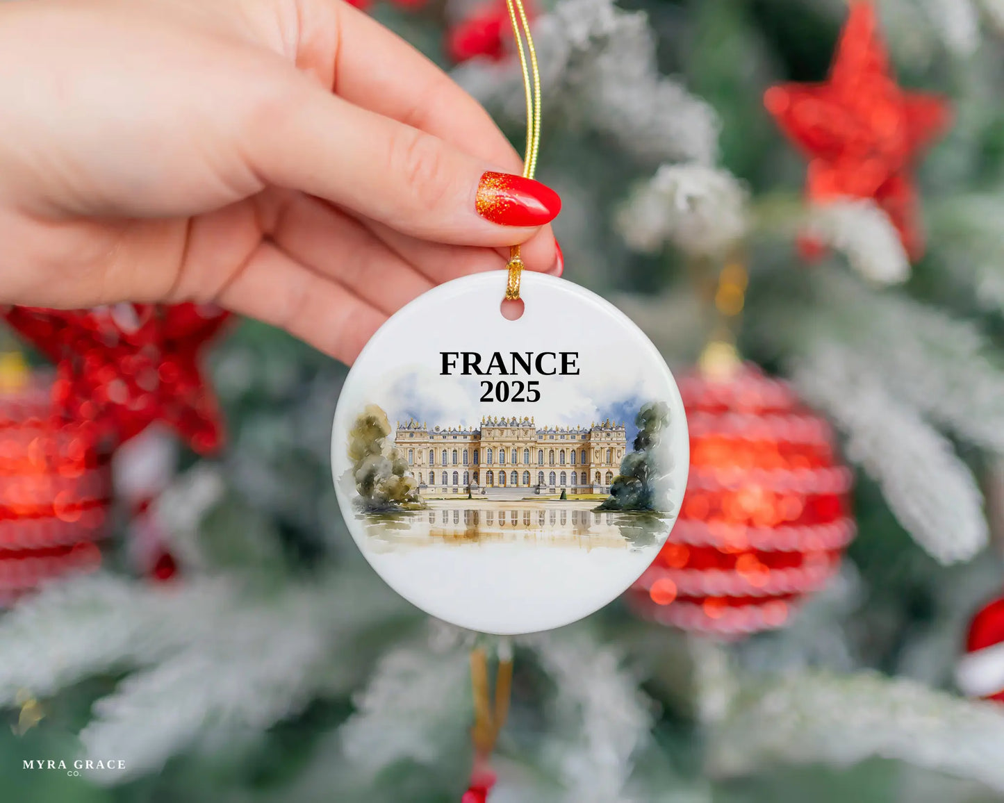 Custom Versailles France ceramic photo ornament with personalized message – handmade Christmas bauble, gift souvenir, or vacation keepsake.