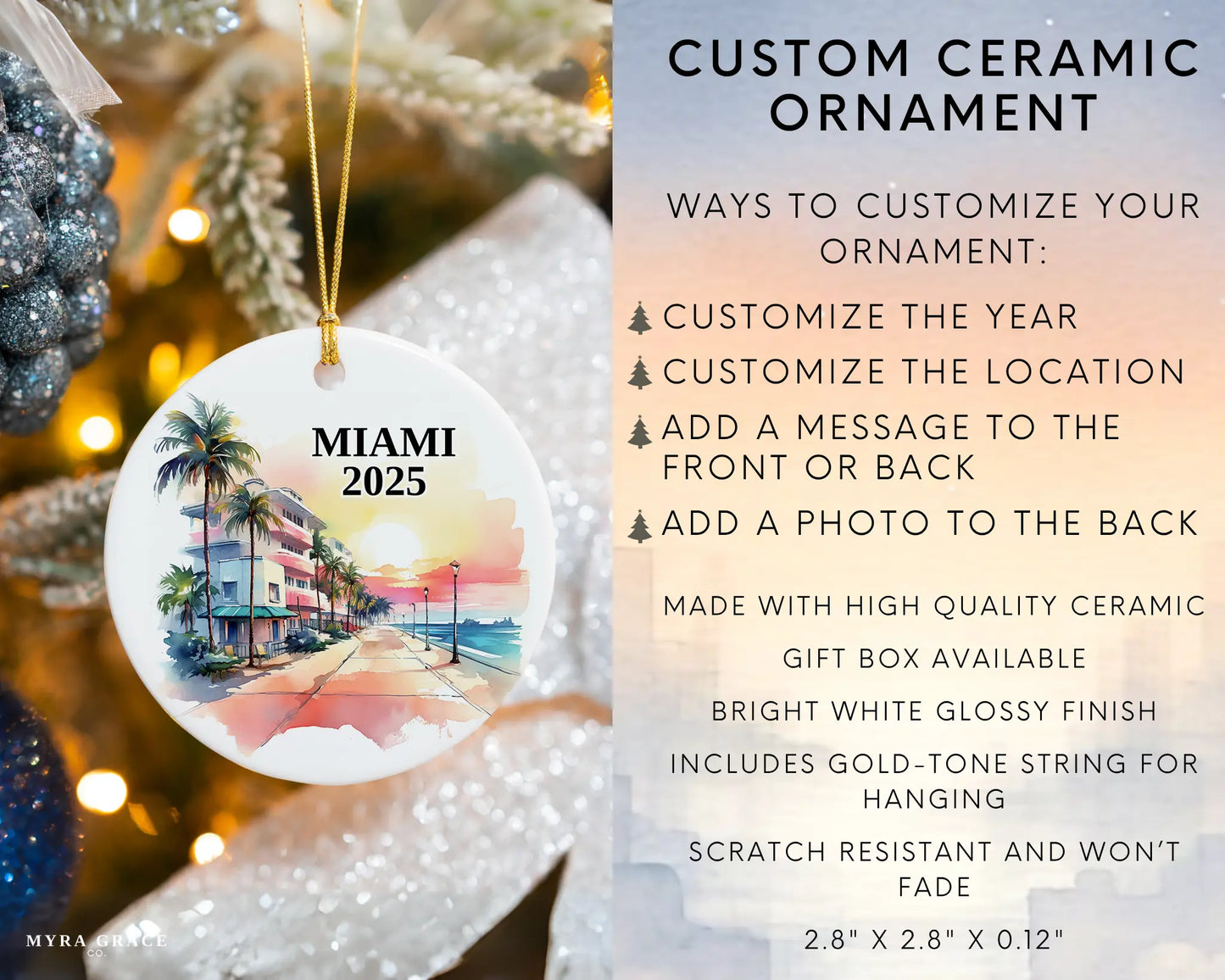Custom Miami Florida ceramic photo ornament with personalized message – handmade Christmas bauble, gift souvenir, or vacation keepsake. Infographic