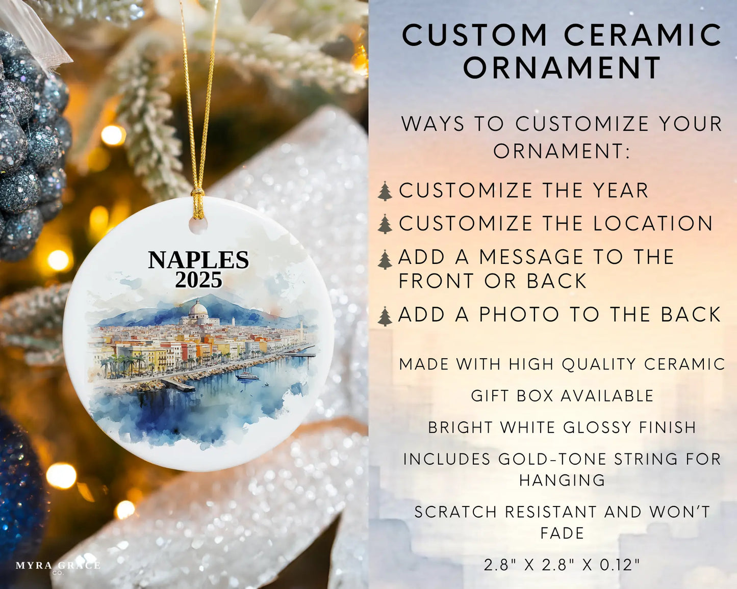Custom Naples Italy ceramic photo ornament with personalized message – handmade Christmas bauble, gift souvenir, or vacation keepsake. Infographic