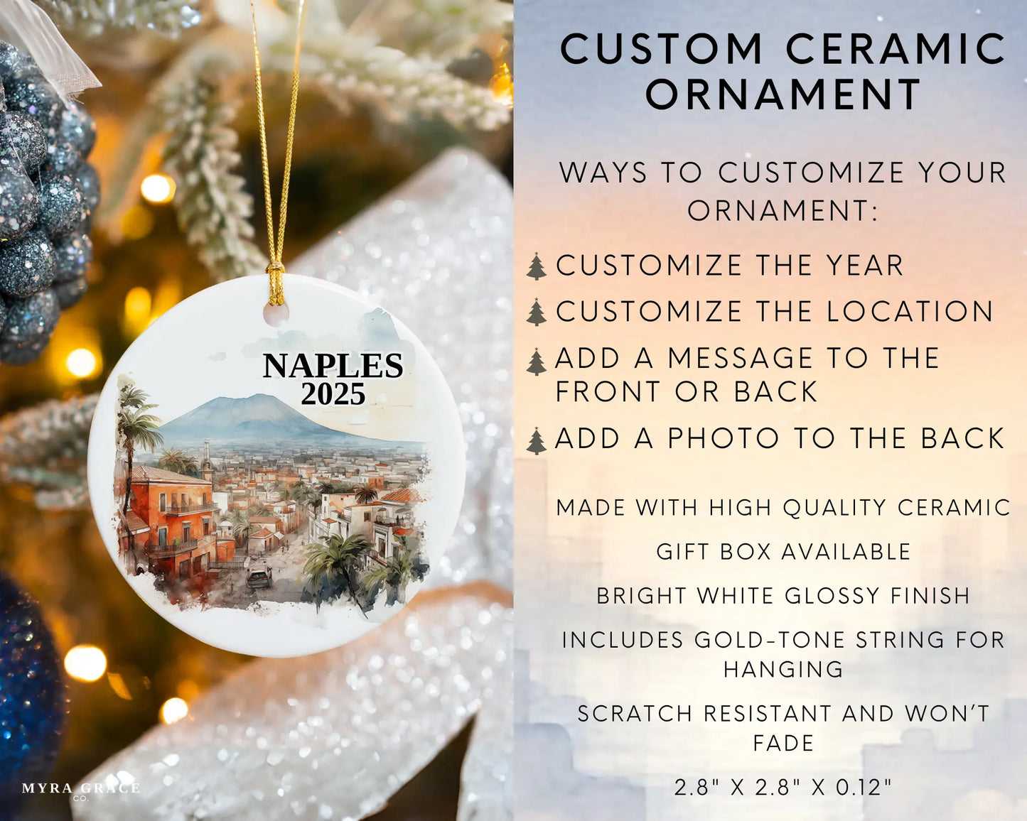 Custom Naples Italy ceramic photo ornament with personalized message – handmade Christmas bauble, gift souvenir, or vacation keepsake. Infographic