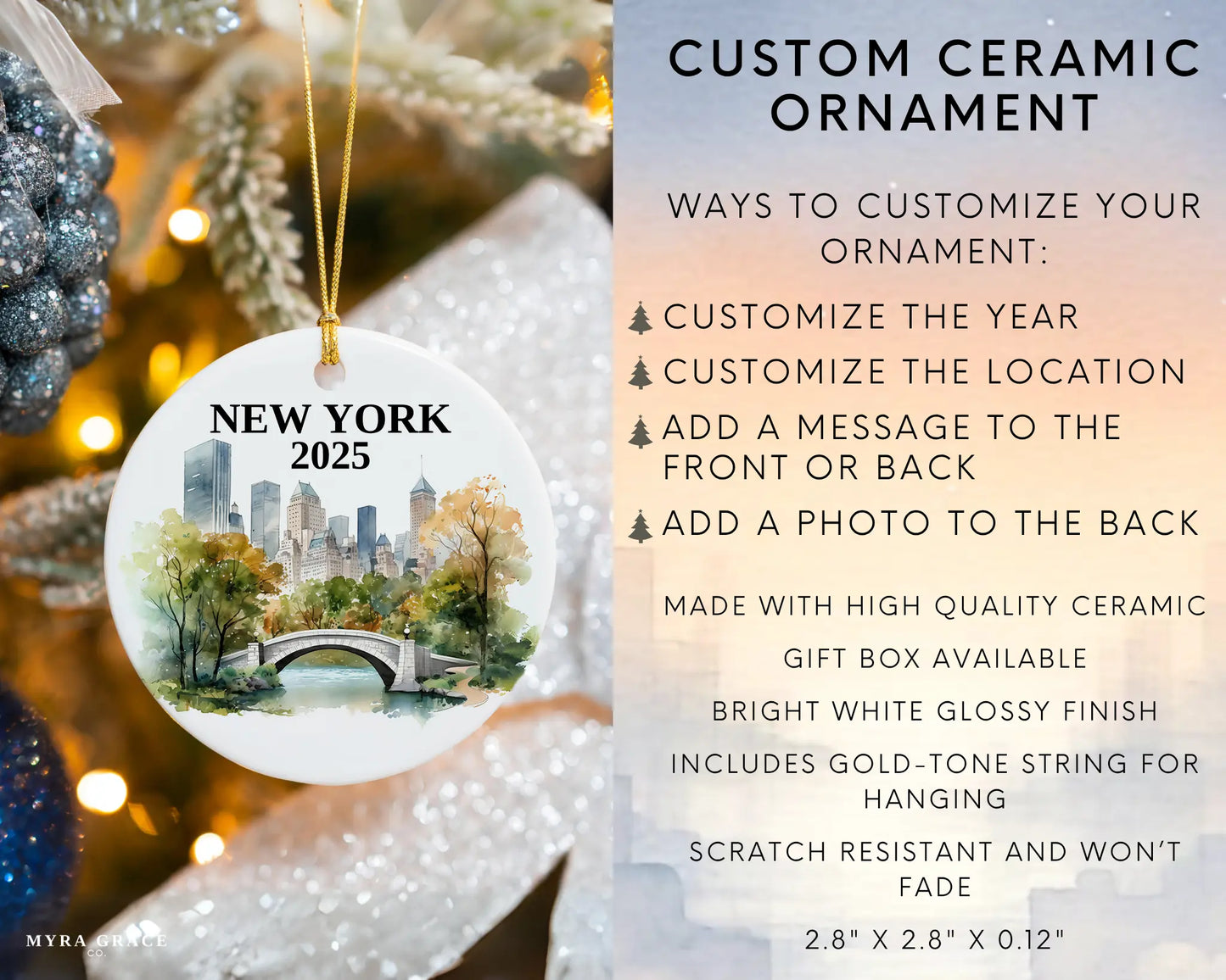 Custom New York Central Park ceramic photo ornament with personalized message – handmade Christmas bauble, gift souvenir, or vacation keepsake. Infographic